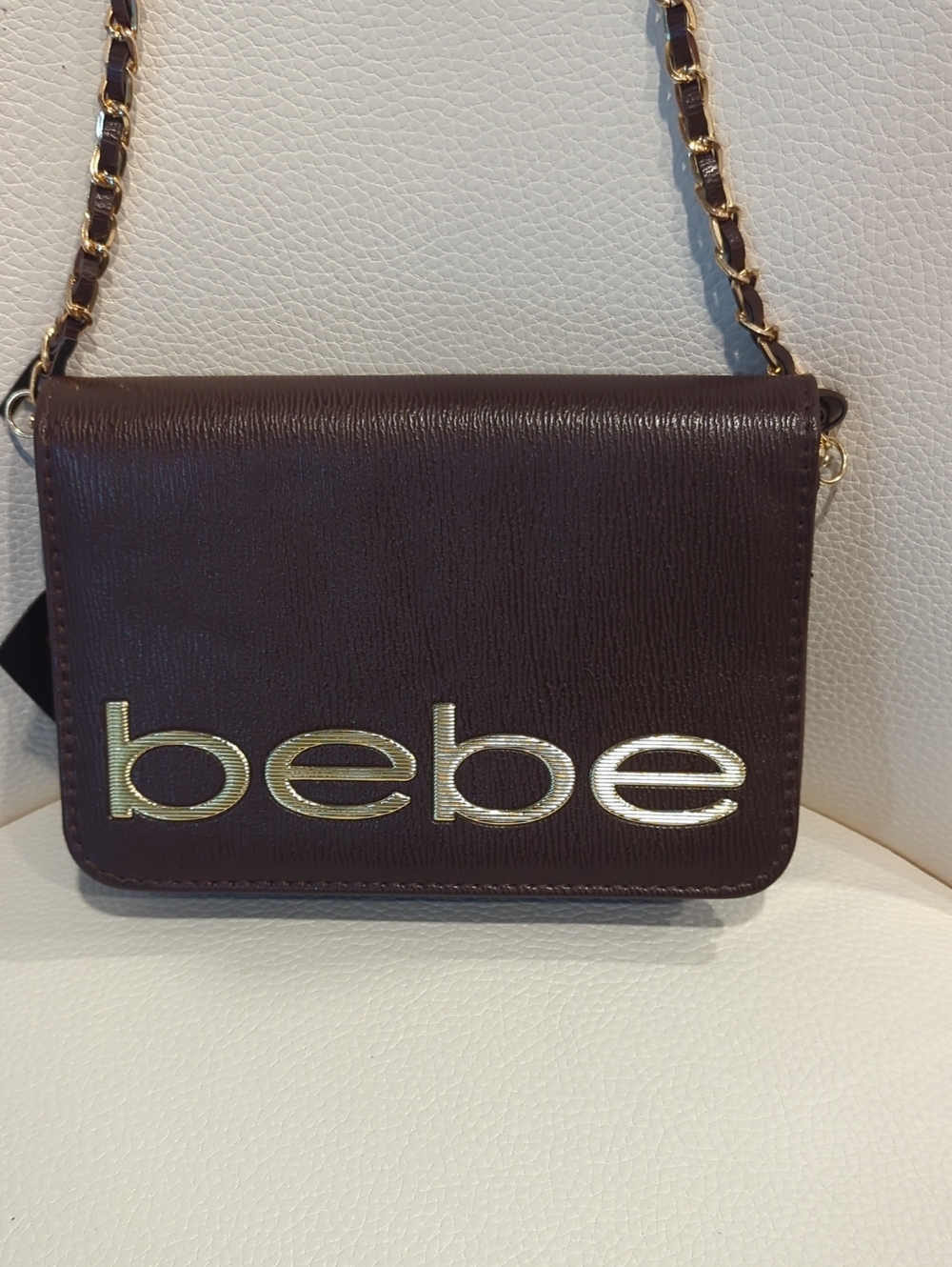 bebe Dark Brown Crossbody with Gold Logo and Chain Strap